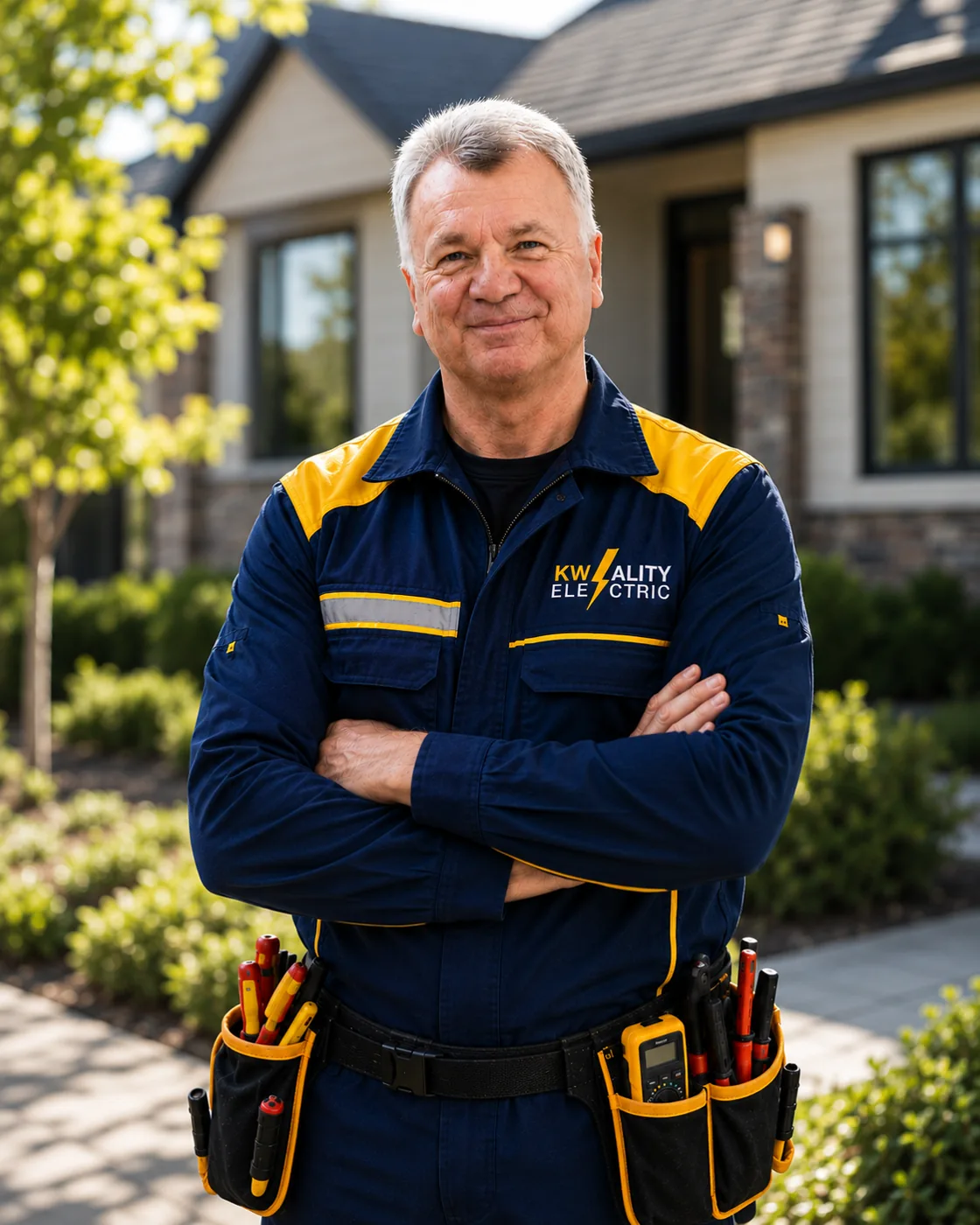 Kwality Electric master electrician in uniform with tool belt